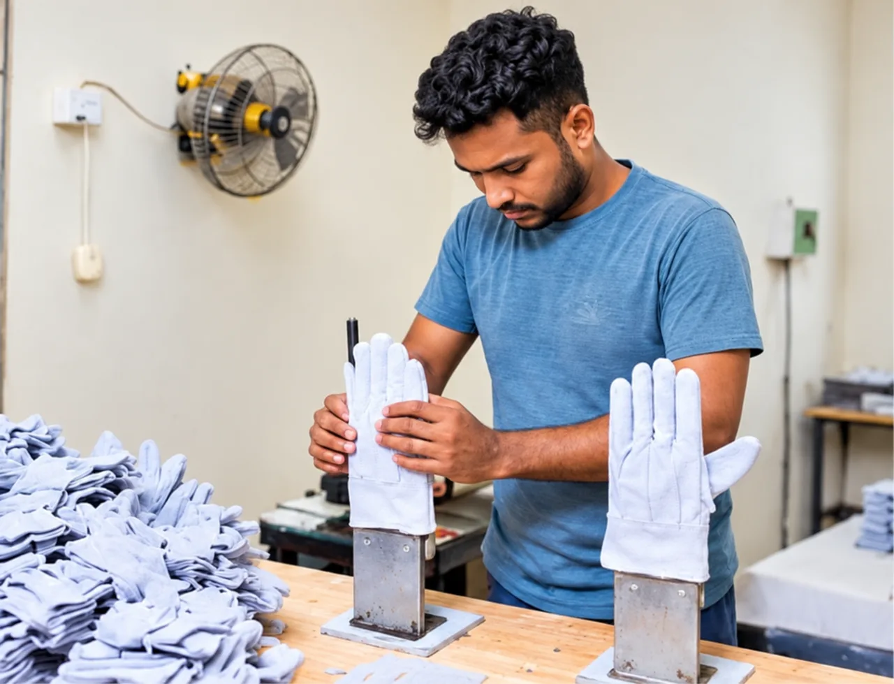Team member shaping pale split leather gloves on metal hand forms