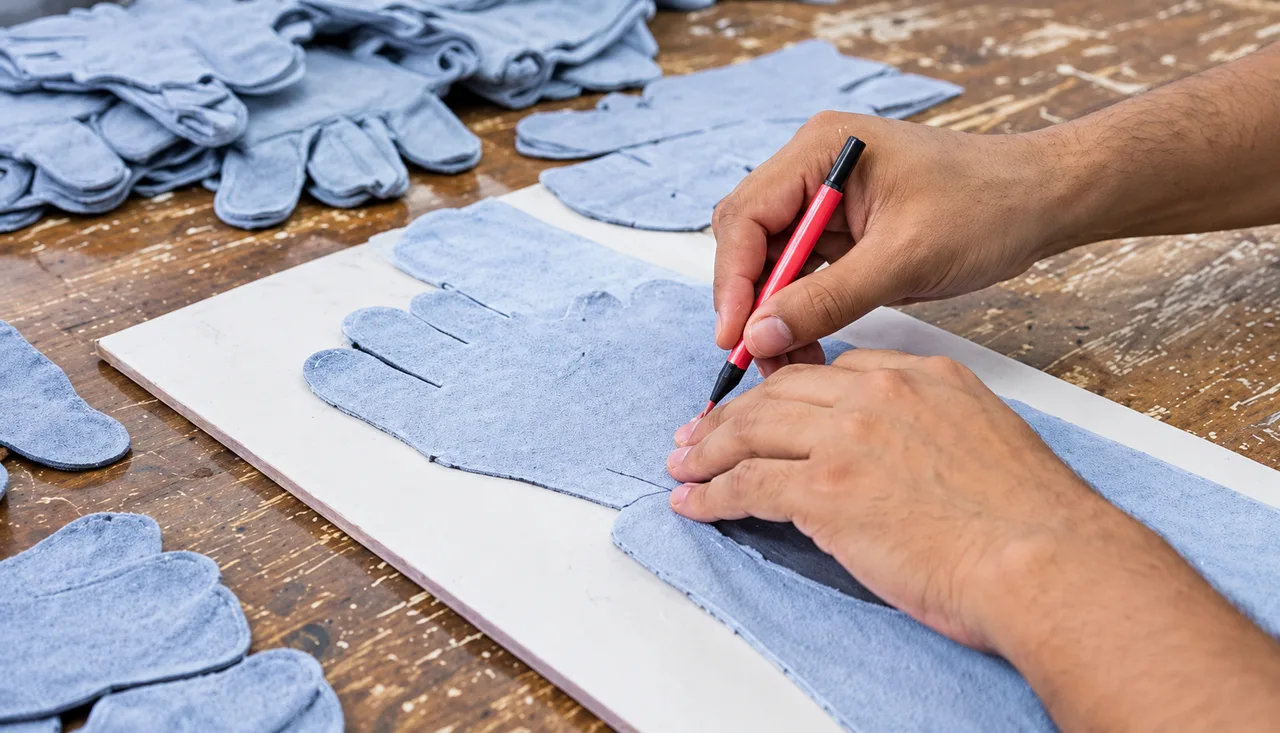 Hands marking a glove pattern on pale leather with a red pencil