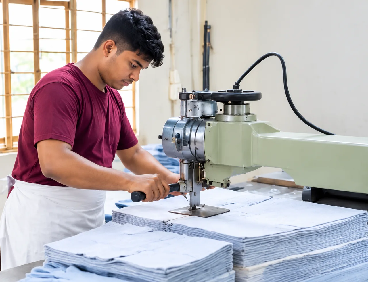 Team member in a burgundy shirt and white apron cutting stacked leather panels with a workshop machine
