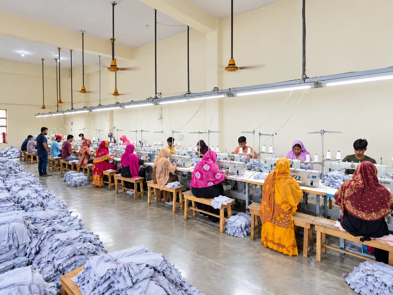 Rows of FD workshop team members sewing leather gloves, with glove stacks beside the production tables