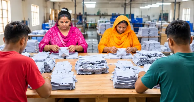 Four workshop team members sorting stacks of pale leather gloves around a table