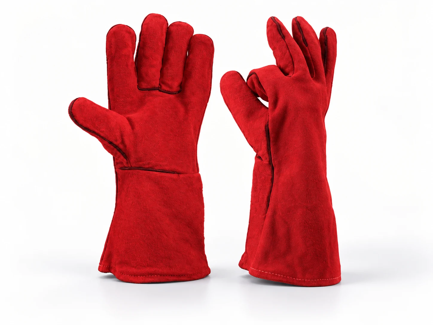 Pair of red cow split leather welding gauntlet gloves