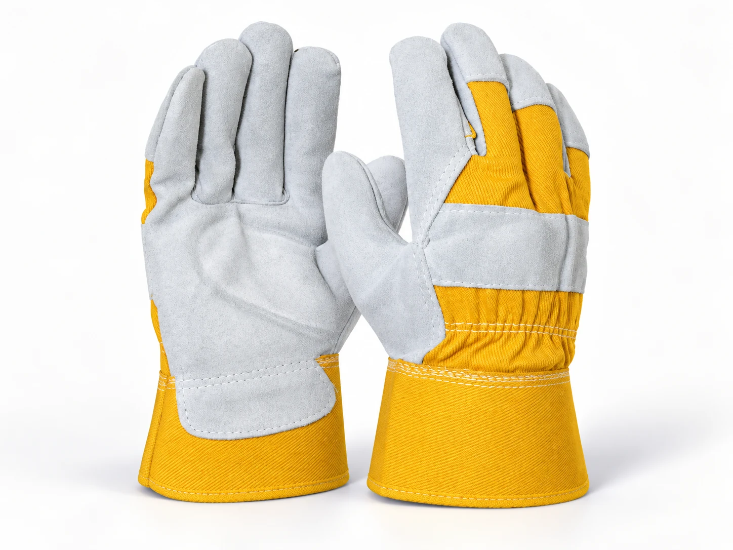 Pale leather working gloves with yellow split leather cuffs and reinforcement