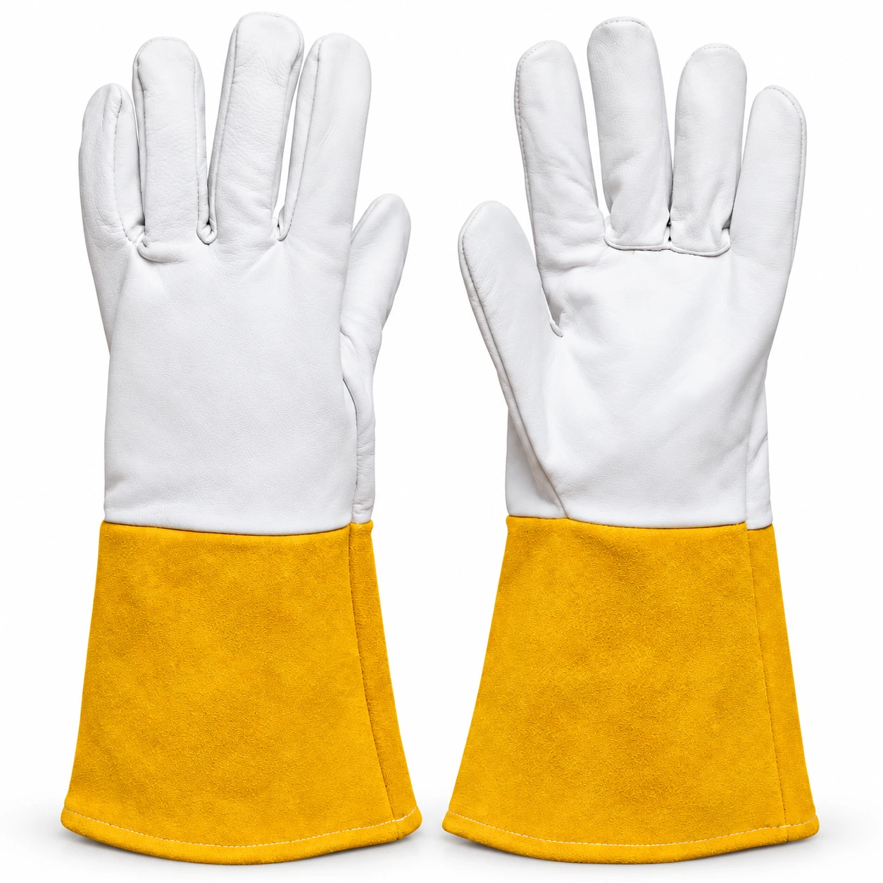 White leather TIG gloves with long mustard yellow gauntlet cuffs
