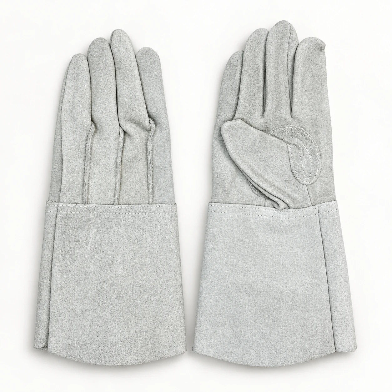 Pale Japanese-style five-finger long working gloves, client sample A, with a broad gauntlet cuff and reinforced thumb