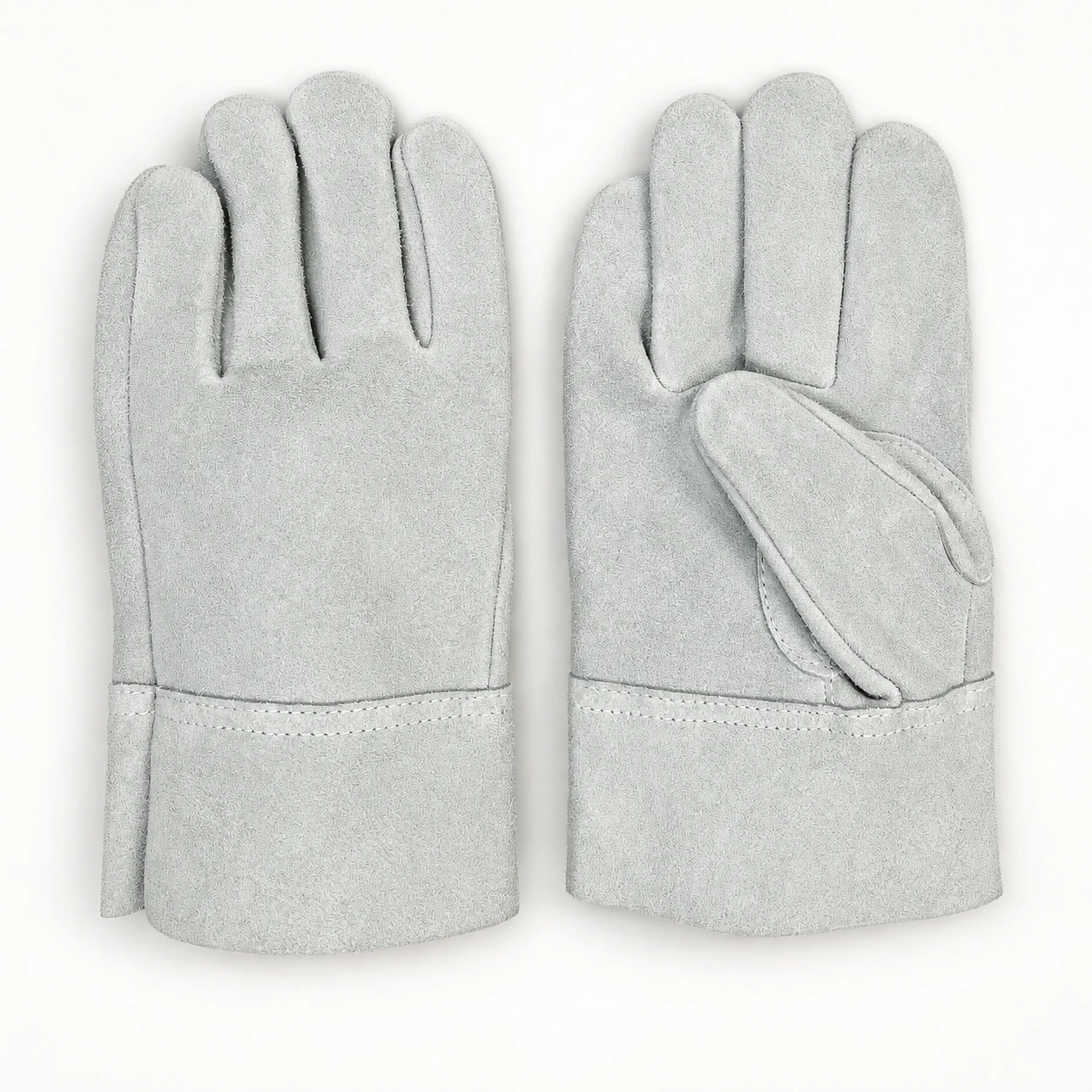 Pale split leather short working gloves with reinforced thumb panels