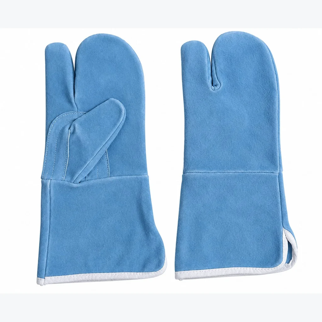 Pair of blue cow split leather three-finger gloves with white bound cuffs