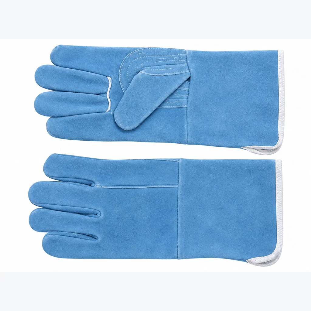 Pair of long blue welding gloves with white bound cuffs, shown in front and reverse views